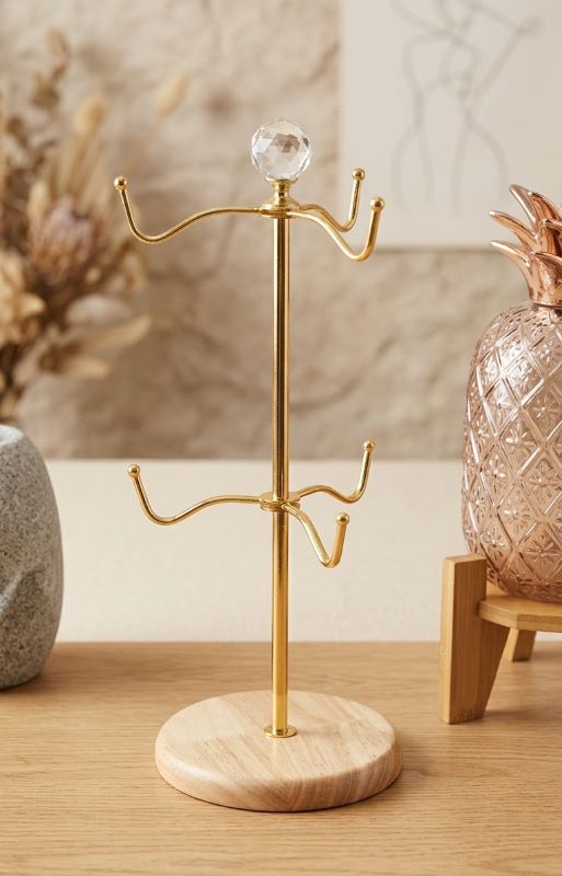 Gold-Plated Metal Mug Tree Stand with Crystal Top & Wooden Base (Coffee Cup Holder Organizer)